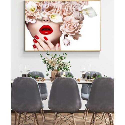 90X130CM Fashion Red Lip Woman Flower Canvas Painting Posters and Prints Wall Art Picture for Living Room Modern Home Decor