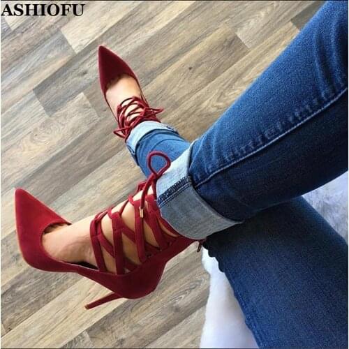 ASHIOFU Handmade Women High Heel Pumps Faux-suede Cross-shoelace Party Dress Shoes Pointy Dating Fashion Court Shoes