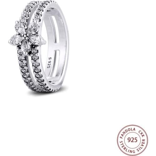 Authentic 925 Sterling Silver Sparkling Snowflake Double Rings for Women Wedding Engagement Ring Fine Jewelry Bague Femme