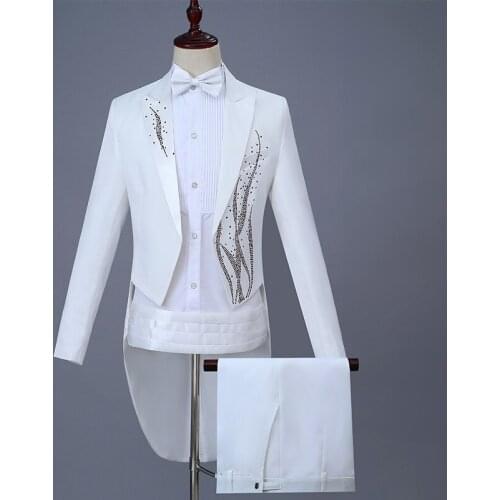 White Tuxedo MenS Self-Cultivation Stage Conductor Adult Costumes Singer Host Costumes Vocal Chorus Rhinestone Suits VDB883