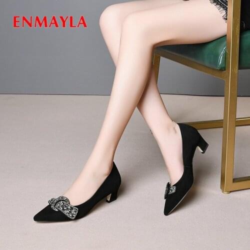 ENMAYLA 2020 Elegant Pointed Toe Wedding Ladies Shoes Slip-On Women Pumps Basic High Heels Kid Suede Square Heel Shoes Woman