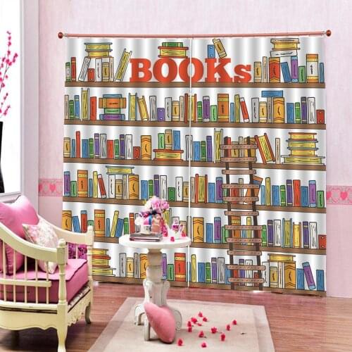 Photo Custom Cartoon Books On The Shelf Window Curtain For Bedroom Study Blackout Drapes Sets (Left and Right Side)