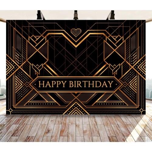 Happy Birthday Party Backdrop Black And Gold Great Gatsby Banner Abstract Decoration Background Photo Booth Stuio Shoots