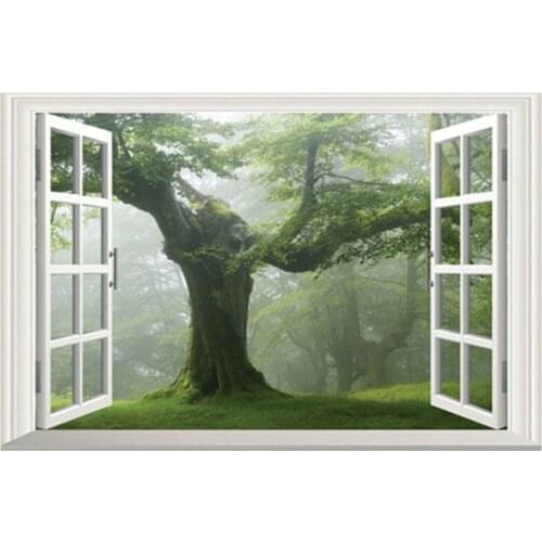 Idyllic scenery mural big green Trees vinyl wall stickers home club decoration 3d fake window Spring landscape wallpaper 60*40cm