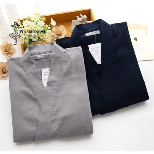 Japanese Men Kimono Cardigan Traditional Pajamas Set Cotton Simple Kimono Yukata Nightgown Bathrobe Casual Comfortable Homewear