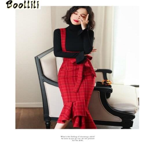 Two Piece Set Women Clothes 2020 New Elegant Korean Black Knit Womens Tops Trumpet Long Bandage Red Dress Womens Dresses