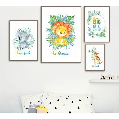 Cartoon Monstera Elephant Squirrel Lion Wall Art Canvas Painting Nordic Posters And Prints Wall Pictures Baby Kids Room Decor