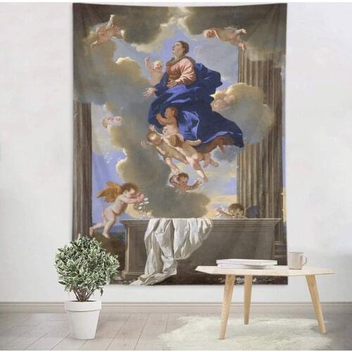 Christian Holy Virgin Maria Wall Tapestry Angel Babies in Heaven Wall Hanging Love Theme