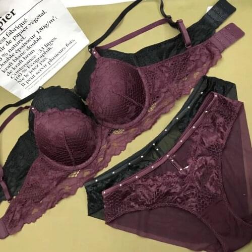 New dark push up bra set Sexy gathered lace underwear set Womens lingerie Fashion beaded bra Ladies bra and panties