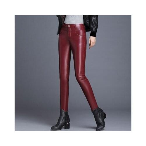 Fall Winter Women Fashion Slim Wine Red Black Pu Leather Skinny Pants , Woman Clothing Fleece Thick Warm Trousers