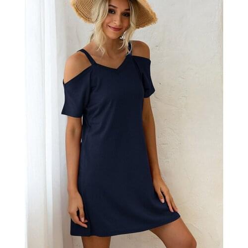 Womens Dress Solid Loose Tank Top Dress Sexy Backless Plus Size 2XL Off Shoulder Short Sleeve Office Lady Clothes