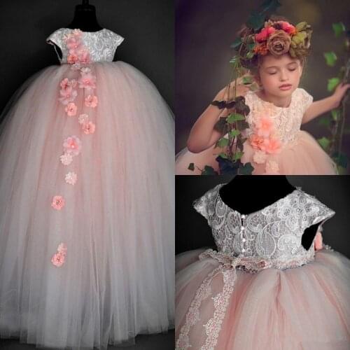 Flower Girl Dresses White Lace Applique Sleeveless Elegant Prom party Dress Princess Fluffy Tulle First Communion Dresses