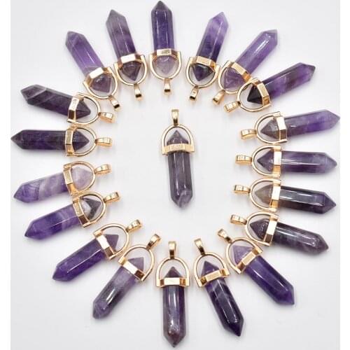 Fahsion bestselling Natural stone amethysts Charms Hexagonal healing Reiki Point pendants for jewelry making 20pcs/lot Wholesale
