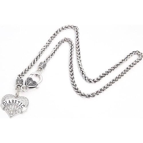 Drop Shipping Best Selling rhodium plated zinc studded with sparkling crystals DIABETIC heart pendant wheat chain necklace