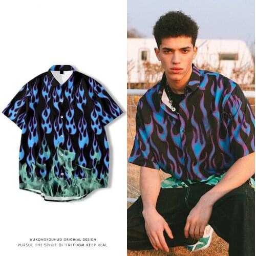 Hip-hop Flame Full Print Short Sleeve Polo Shirts Women Men Streetwear Buttons T Shirts 2021 New Girls Oversized Graphic Tee