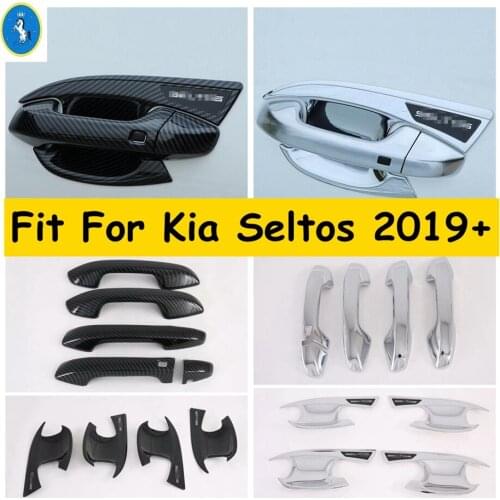Yimaautotrims OutSide Door Handle Bowl Grab Cover Trim ABS Chrome / Carbon Fiber Look Exterior Fit For Kia Seltos 2019 2020 2021