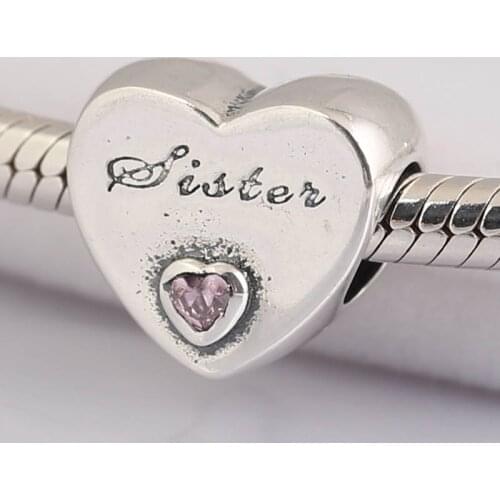 Authentic S925 Bead DIY Jewelry Sister Love Charm fit Lady Bracelet Bangle Pink CZ