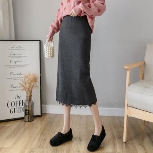 Sexy Skirt Women Autumn 2020 Korean High Waist Package Hip Skirt Split Lace Knitted Midi Skirt