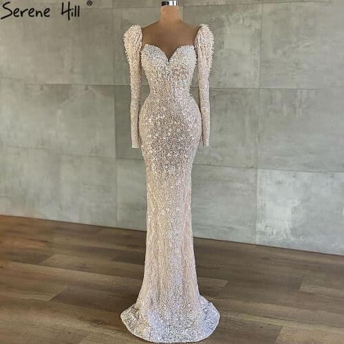 Serene Hill Muslim Beige Mermaid Evening Dresses Gowns 2021 Luxury Sparkle Elegant Puffy Sleeves Formal Dress LA71040