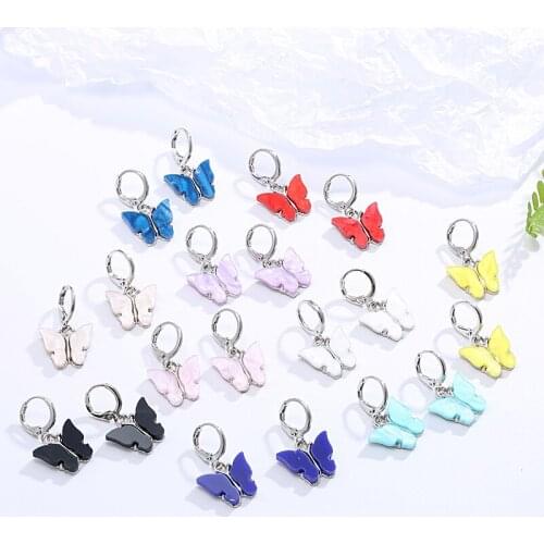 Kpop Earrings 2020 Trend Animal Resin Dangle Earrings Multcolor Butterfly Acrylic Silver Color Earring Delicate Insect Jewelry