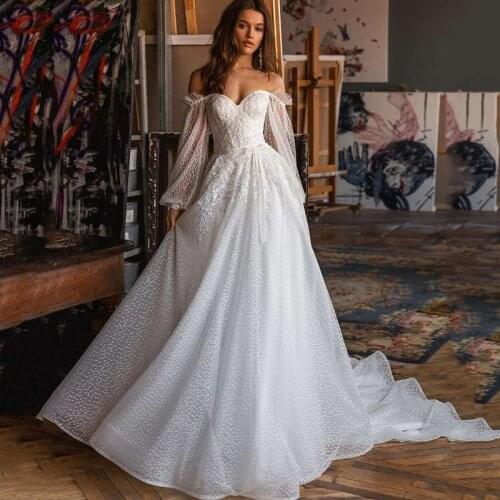 New Design Vintage Wedding Dresses Puff Long Sleeve Bride Dress Dots Tulle Boho Wedding Gowns A Line Sweetheart Bow Robe de Mari