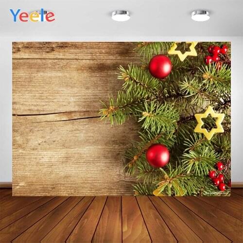 Yeele Merry Christmas Wood Background Photophone Gifts Red Balls And Stars Photography Backdrops for Decoration Customized Size