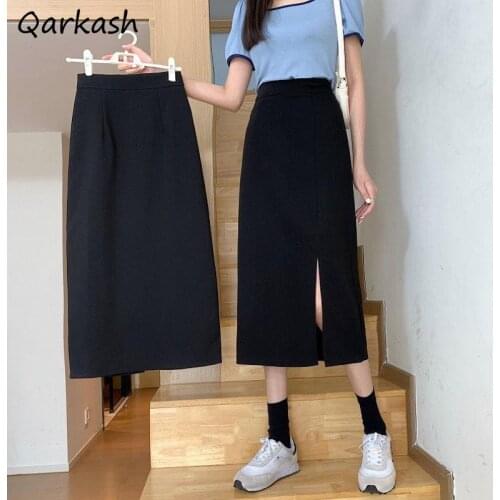 Skirts Women Plus Size Slim Office-look Elegant Solid Fashion Streetwear All-match Femme New Side-slit Design Chic Simple Summer