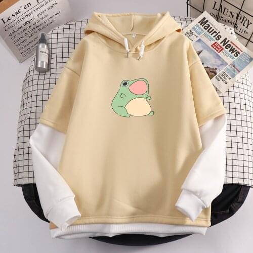 Female Hoodie for Patchwork Kawaii Frog Pullover Color Block Sweatshirt for Women Vintage Plus Size Long Sleeve Clothing Coat