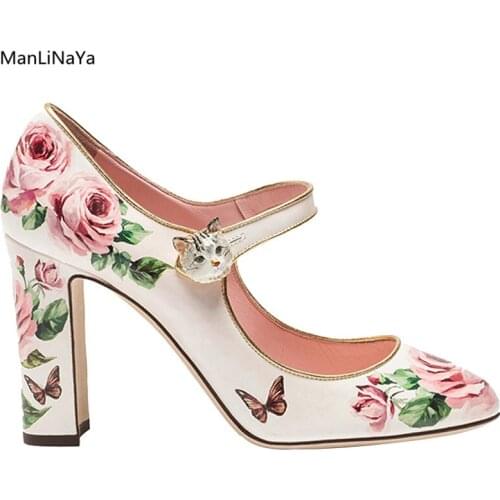 Luxury Design Print Flower Women Pumps Cute Cat Buckle Strap Runway Round Toe Women Wedding Shoes 10cm Square Heel Mary Janes