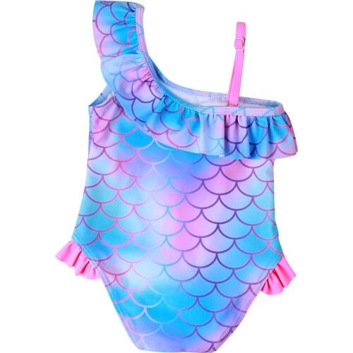 Girl’s Fish Scale Printing One-piece Swimwear Sleeveless Off-shoulder Ruffled Neckline Triangle Swimsuit Sportswear