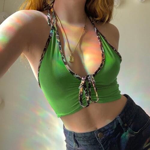 2021 Trendy Women Sexy Leopard Print Camisole Tops Sleeveless Lace Up Halter Tank Top Casual Drawstring Backless Slim Crop Top