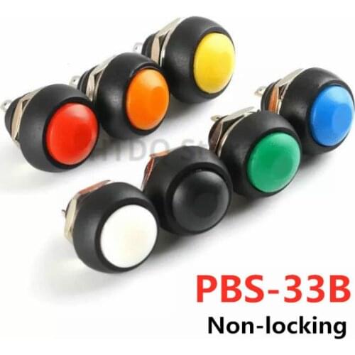 5Pcs PBS-33B 2Pin horn switch small round button waterproof switch reset button switch 12mm Non-locking RED YELLOW