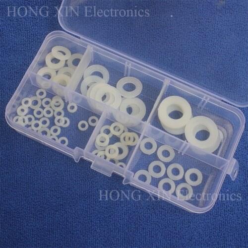 75Pcs White M3/M4/M5/M6/M8/M10 PCB Nylon Plastic Washer Bolt Assortment kit set With Plastic Box Gasket RingFastener