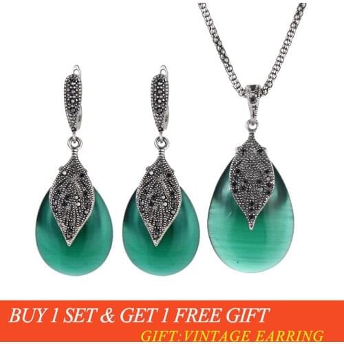 Ajojewel Vintage Green Jewelry Sets Black Earrings Necklace Set Parure Bijoux Femme Dress Accessories