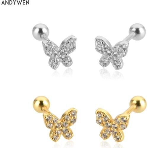 ANDYWEN 925 Sterling Silver Gold Clear CZ Spring Stud Earring Piercing Clips Rock Punk Party Tiny Jewelry Gift Jewels