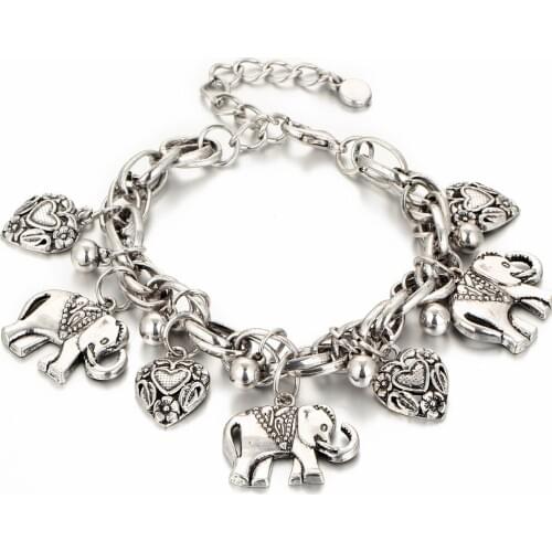 Antique Chain Link Bracelet Love Heart Animals Elephant Charms Bracelets Women Girls Ladies Bangles Gifts Vintage Lucky Jewelry