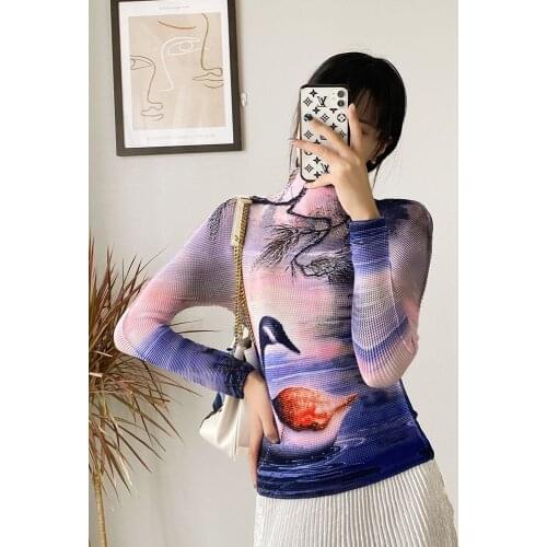 HOT SELLING Miyake fashion long sleeve Tofu pleats turtleneck Sexy Thin Retro temperament printing T-shirt IN STOCK