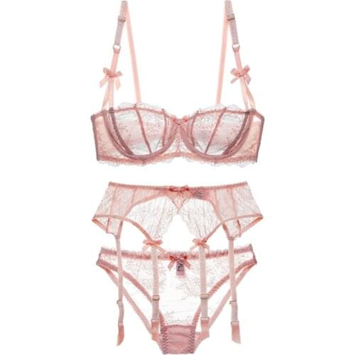 TEEVANCCE sexy lace transparent unlined 1/2 half cup no sponge bra sets bra+panties+garters 2/3 pcs Optional underwear lingerie