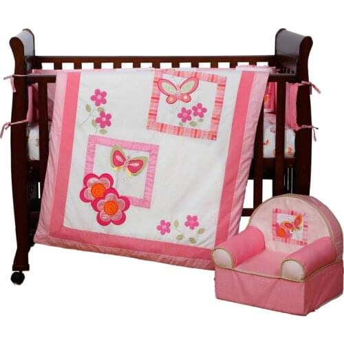 7PCS Embroidery pink Baby Cot Bedding Sets cama infantil Children Crib Bedding Set ,include(bumper+duvet+sheet+pillow)