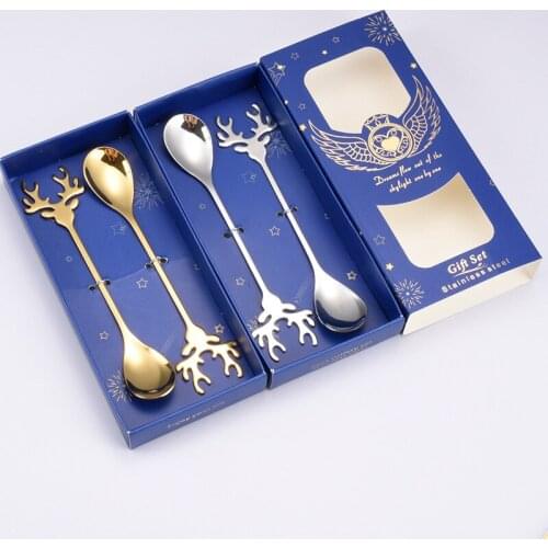 Western-style metal elk spoon cute cartoon creative coffee spoon dessert stirring spoon gift box mini spoon 14cm small spoon