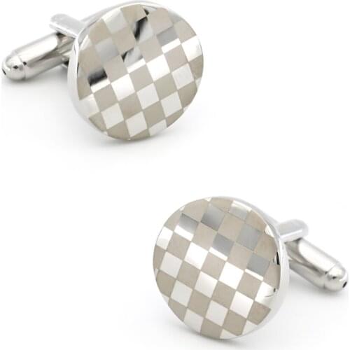 Mens Laser Round Check Cuff Links Copper Material Silver Color