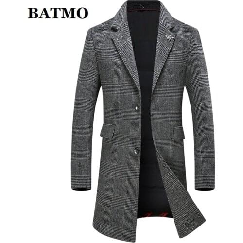 BATMO 2021 new arrival autumn&winter wool plaid trench coat men,mens 90% white duck down liner overcoat,plus-size M-4XL A818