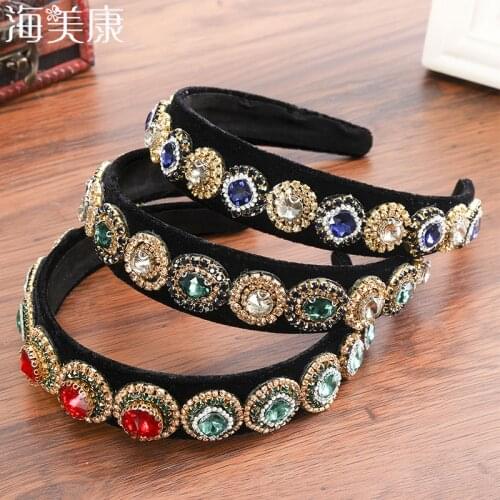 Haimeikang Baroque Big Gems Crystal Hairband Non-slip Inside Rhinestone Headband Gorgeous Red Stone Bridal Hair Accessories