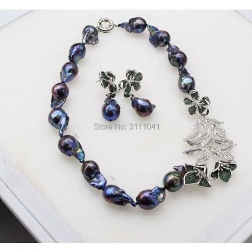 Freshwater pearl black reborn keshi baroque necklace earrings +flower pendant 19inch FPPJ wholesale beads nature