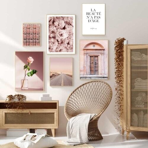 Nordic Spray Color Pink Architecture Door Plant Flower Canvas Painting Wall Frameless Picture Poster Living Room Home Decoration