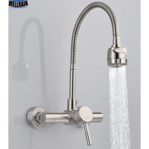 Free Shipping Stainless Steel material Wall Mounted Kitchen sink mixer faucet With free rotation hose mixer water Tap