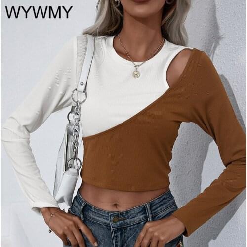 WYWMY Sexy Womens T-shirts O-neck Long Sleeve Slim Casual Patchwork Hollow Out Tees Female Cropped Tops Slim Streetwear Tops