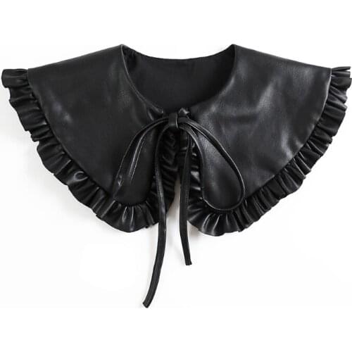Women Faux Leather Black False Collar Shawl Korean Style Vintage Doll Ruffled Necklace Shoulder Wrap Decorative Poncho