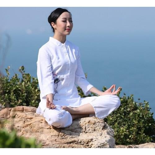 Women Tai Chi Martial Arts Kungfu Uniforms Linen Printed Quickly Dry Yoga Sweatshirt+pant Jogger Casual Fitness Set Activewear