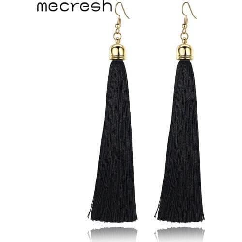 Mecresh Fiber Long Fringe Tassel Earrings for Women Red Blue Black Bohemian Summer Drop Dangle Earrings Fashion Jewelry EH422